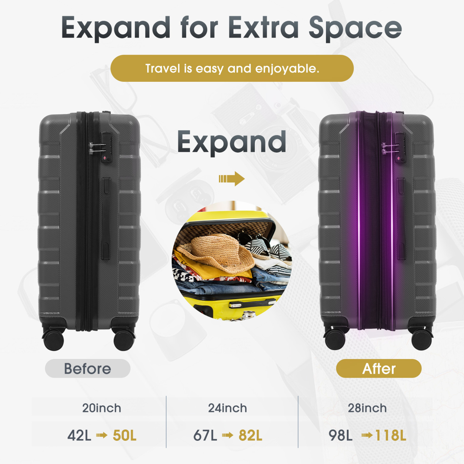 24 Inch Hardshell ABS Checked Luggage Expandable Spinner Wheel Suitcase with TSA Lock Durable Travel Bag for Extended Trips