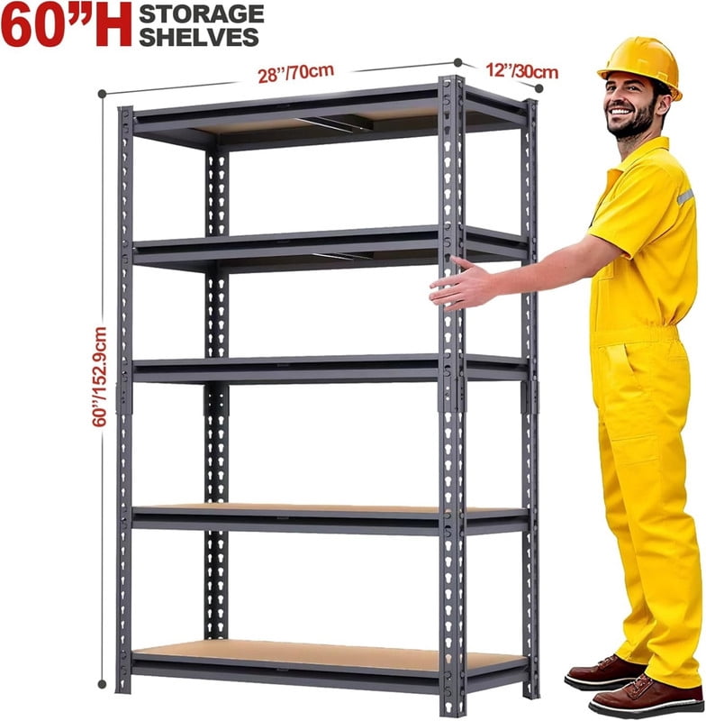 5-Tier Garage Storage Shelves, Heavy Duty Adjustable Shelving Unit, 60" H Garage Rack， 2400lbs Metal Utility Shelves for Warehouse, Basement, Pantry, Home Organization