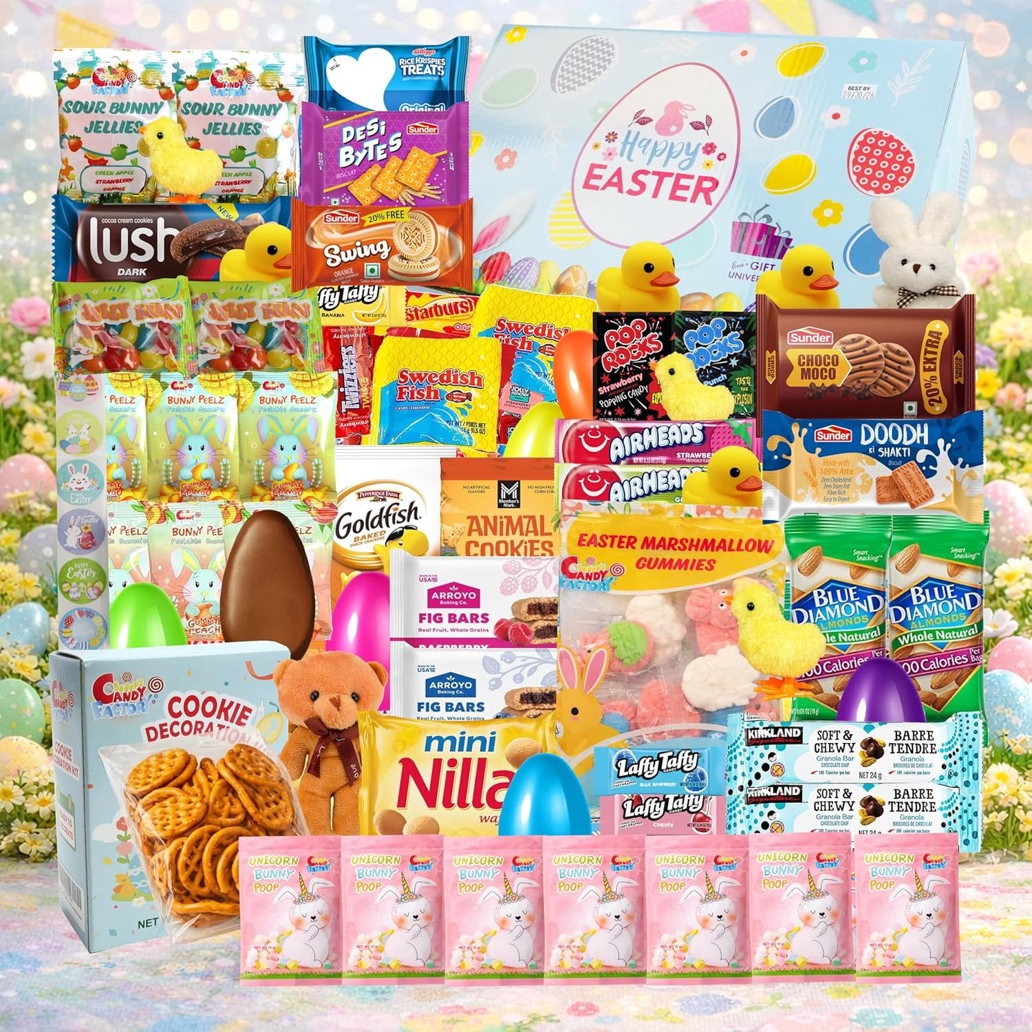 Easter Gift Basket (82 Count) Care Package with Treats Snacks Cookies Candy Gift Box for Friends, Family