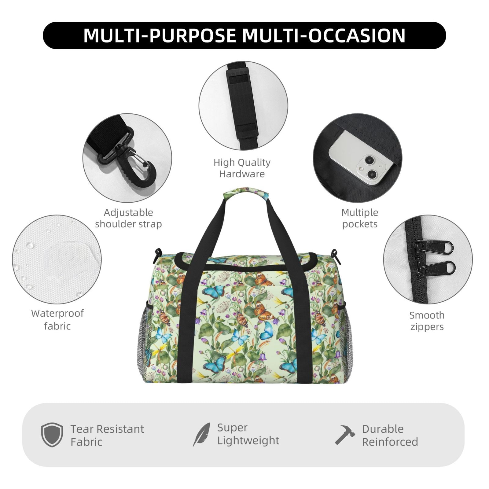 Fuzoiu Meadow Plants And Butterflies Print Travel Duffle Bag,Carry On Tote Bags,Duffel Bag,Sport Gym Bag, Hospital Bag for Labor and Delivery, Overnight Bag,Luggage Bag