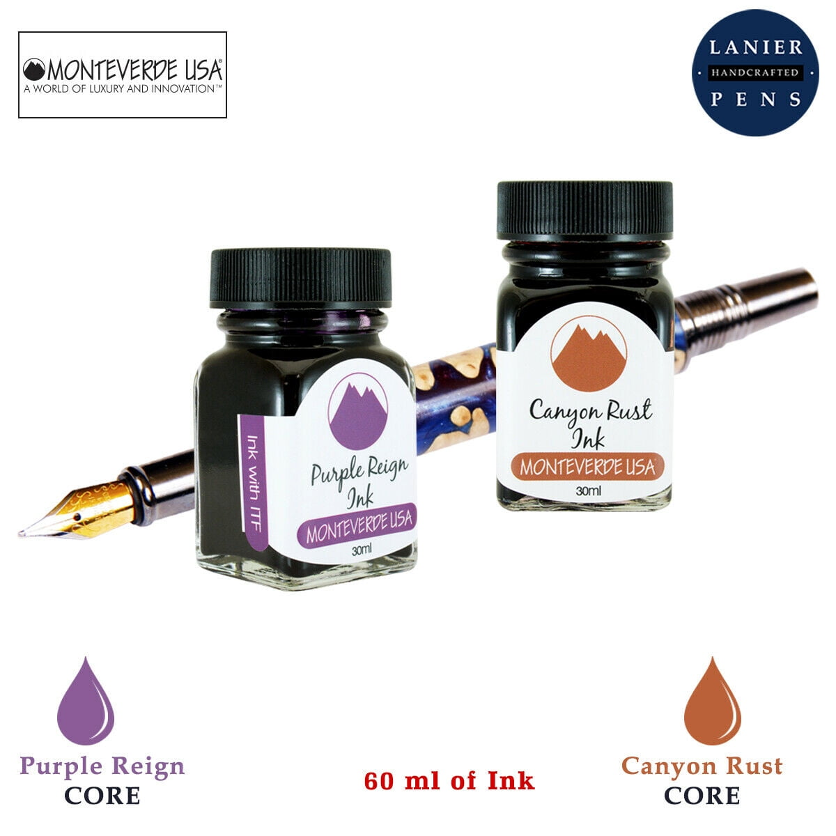 Monteverde 60ml Core Fountain Pen Ink Bottle (30ml Purple Reign Ink Bottle G309PR, 30ml Canyon Rust Ink Bottle G309CP)