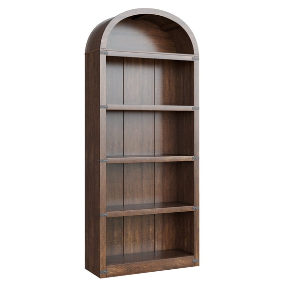 Arched 5-Tier Wooden Office Bookcase - 71.65" Tall Farmhouse Bookshelf with Metal Corner Protection - Display & Storage for Home Office, Living Room, Bedroom - Brownish Red, Basic