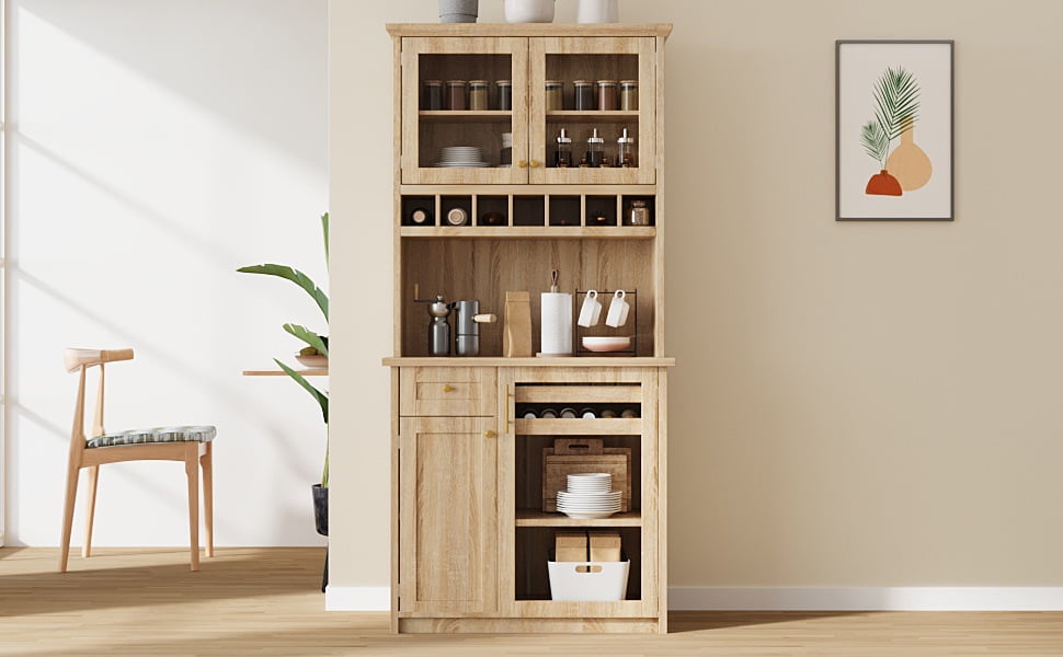 Farmhouse Freestanding Buffet with Hutch, Tall Kitchen Pantry Storage Cabinet with Wine Rack, Adjustable Shelves and Tempered Glass Doors for Dining Room