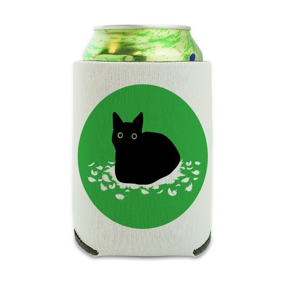 Black Cat Sitting on Feathers Can Cooler - Drink Sleeve Hugger Collapsible Insulator - Beverage Insulated Holder