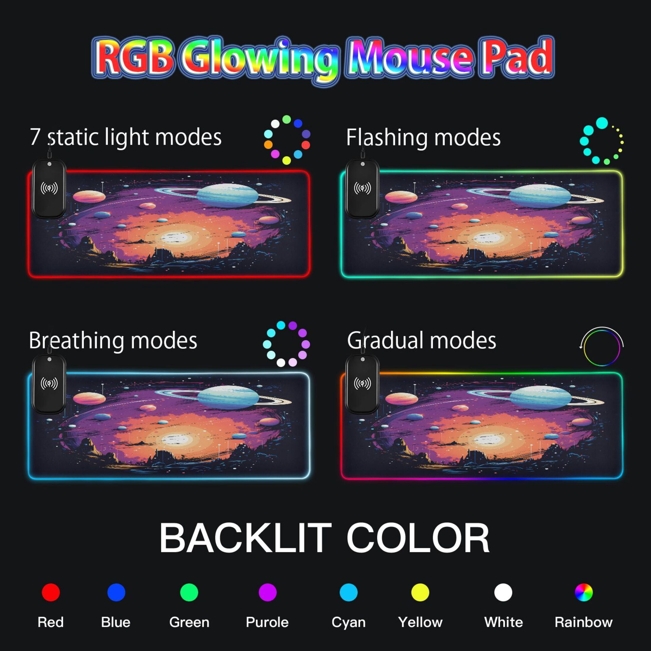 Wireless Charging Mouse Pad Large RGB Gaming Desk Mat 13 Light Modes Mousepad 35.4x15.7 Sun and Planet