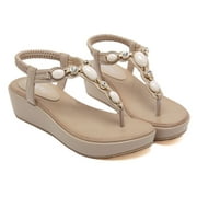 Anuirheih Ladies Sandals Rhinestone Buckle Style Wedge Heel Large Size Flip Flop Sandals Sandals Women (Beige)