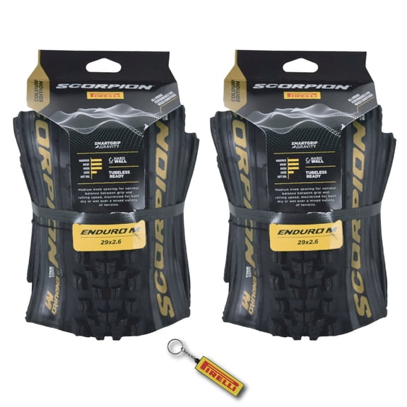 Pirelli Scorpion Enduro M Gold Color (29 x 2.6) Mountain Bicycle Tire Tubeless Ready, HardWALL 60 TPI High-Performance All-Terrain Tire for Enduro Trail & Aggressive XC Mountain Bike w/Keychain(2 Pk)