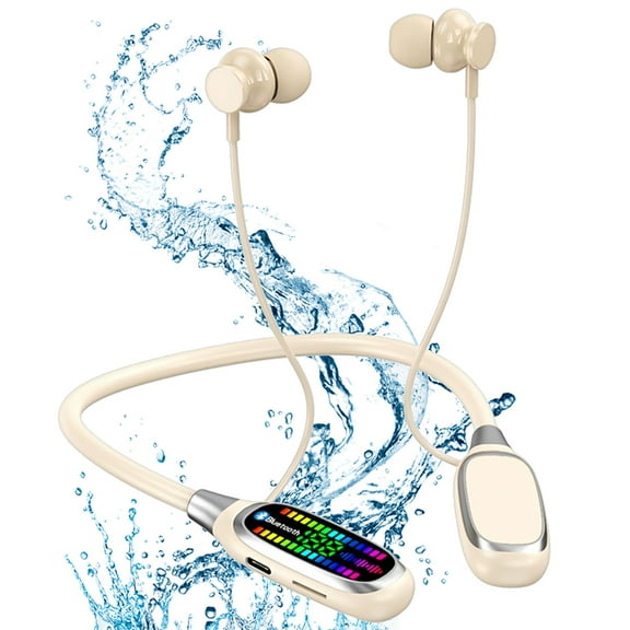 HopePow Magnetic Neckband Bluetooth 5.4 Headphones Wireless Earphone RGB Display in Ear Earbuds Waterproof 300Hrs Standby Time Neckband Headphones Noise Cancellation for Sports/Workout,Beige