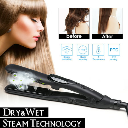 Electric Steam Hair Straightener Comb - Instant Heat Ceramic Flat Iron Wand - LED Temperature Control Iron Brush - 5 Temperature Modes Adjustment - For Dry & Wet