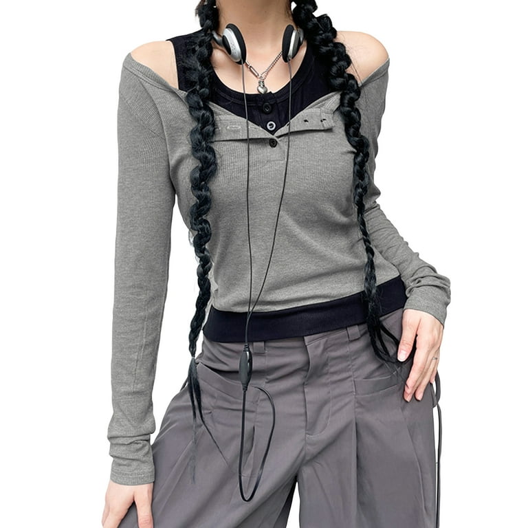 Women Fairy Grunge Clothes Long Sleeve Knit Tops Aesthetic Contrast Color  Pullover Slim Fit Shirt Club Streetwear - Walmart.com
