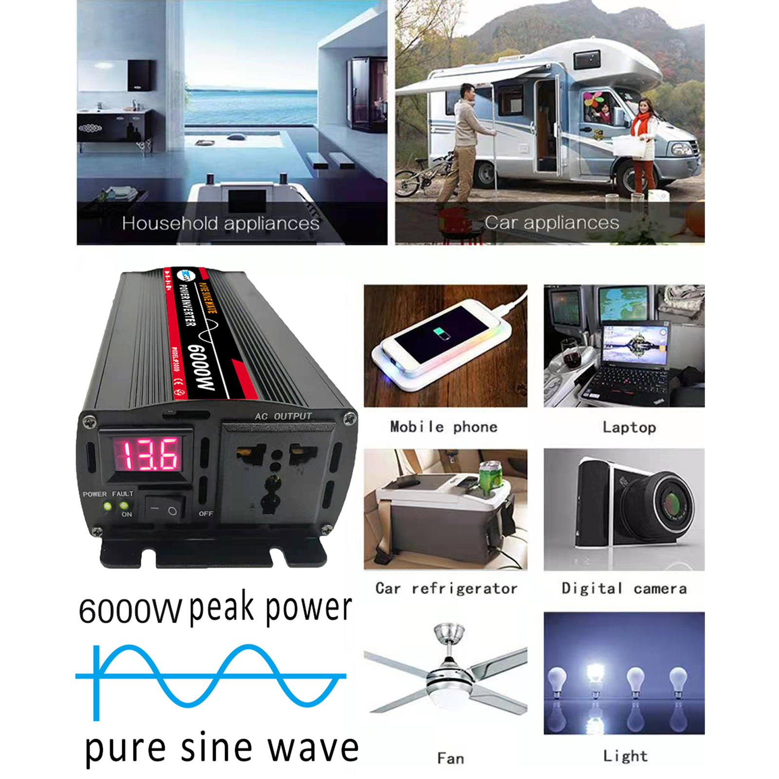Pure Sine Wave Inverter, 6000W Power Inverter DC 12V to AC 110V Car Battery Power Converter Adapter Solar System/Solar Panel/Home/Outdoor/RV/Camping Wave Power Inverter