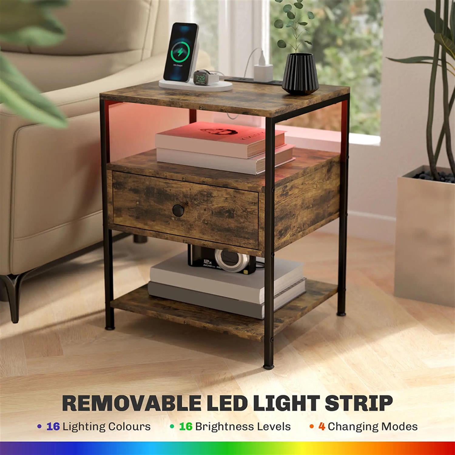 Demi Bonn Nightstand with Charging Station Set of 2, Side Table with Drawers and LED Lights, End Table with Open Shelf for Bedroom, Living Room, Brown