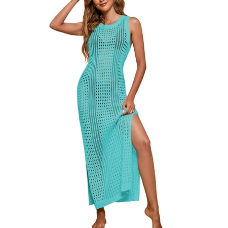 B91xZ Women Swimsuit Cover up Bikini Sleeveless Beach Dress Crochet Hollow Out Coverup (Green M)