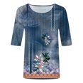 thumbnail image 4 of TSADFHJI Hauts à Manches Longues en Coton pour Femmes Col Rond Manches Mi-Longues Blouse Imprimée TTG Bleu Foncé, 4 of 4