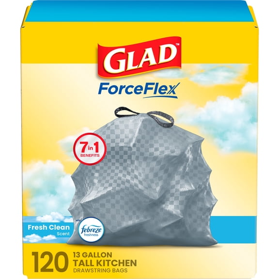 Glad ForceFlex Tall Kitchen Trash Bags, 13 Gallon (Fresh Clean Scent, Febreze Freshness)