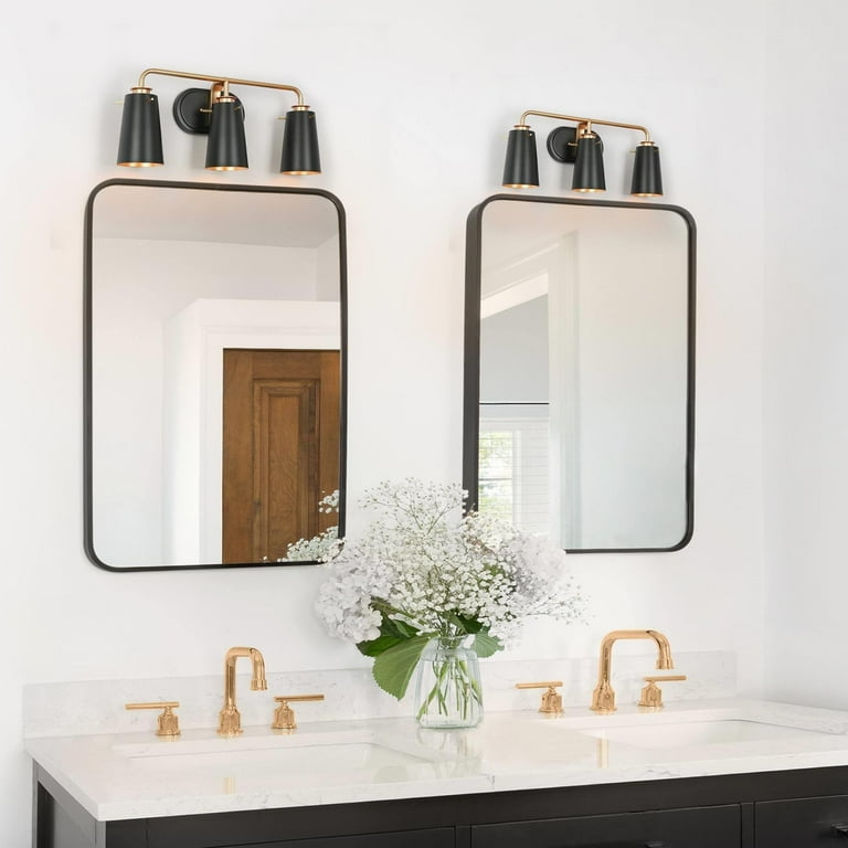 Modern Farmhouse 3 Light Black Gold Linear Bathroom Vanity Lights Cone Metal Wall Sconces 22.5 L x 5 W x 9 H Walmart