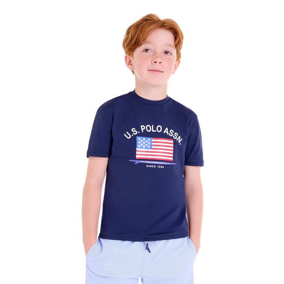 U.S. Polo Assn. Boys Short Sleeve Flag Print Rash Guard, Sizes 4-18