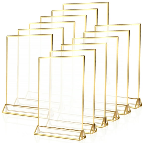 Keyohome 12Pcs Acrylic Sign Holder Clear Double-Side Sign Display Stand Gold Border Table Flyer Holder 5x7inch Multipurpose Menu Holder Table Top Sign Rack for Home Wedding Restaurant Office Shop