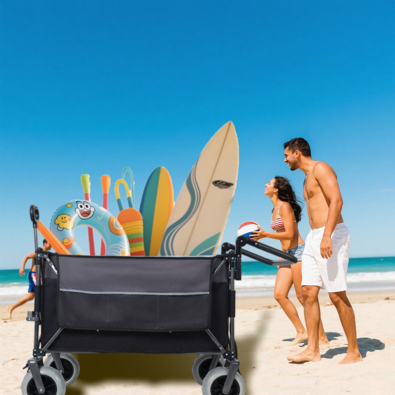 Multi-Functional Push-Pull Folding Wagon Cart, 300L XL Heavy-Duty Utility Cart with Rotating Handle, 9"x4" Beach All-Terrain Wheels with Brakes for Camping Beach Groceries Outdoor Transport