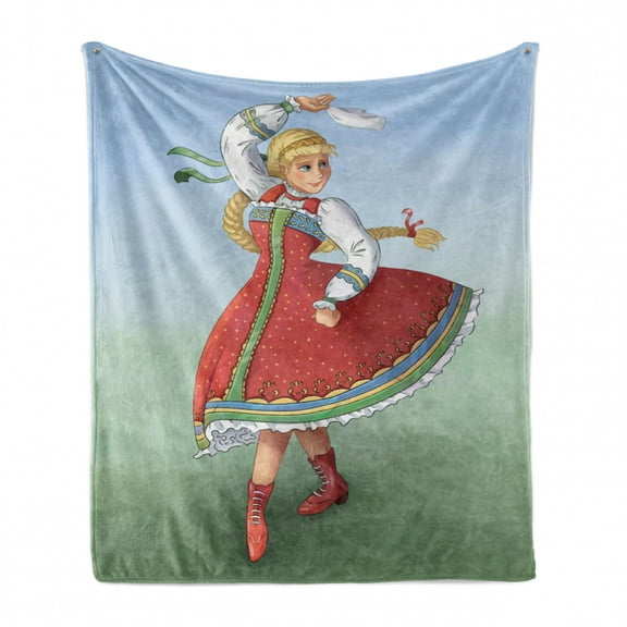 Russian Soft Flannel Fleece Throw Blanket, Slavic Girl in Traditional Clothing National Dance, Cozy Plush for Indoor and Outdoor Use, 60" x 80", Multicolor, by Ambesonne