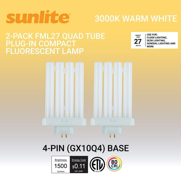 Sunlite FML27/30K/2PK CFL, 27W, 1500 Lumens, 3000K Warm White, 4-Pin GX10q4 Base, 120V, 2 Pack