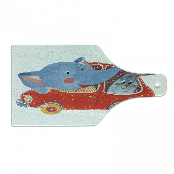Cartoon Cutting Board, Watercolor Sketch of Young Blushed and Hare in Small Car Friend Travel, Decorative Tempered Glass Cutting and Serving Board, Wine Bottle Shape, Blue Red White, by Ambesonne