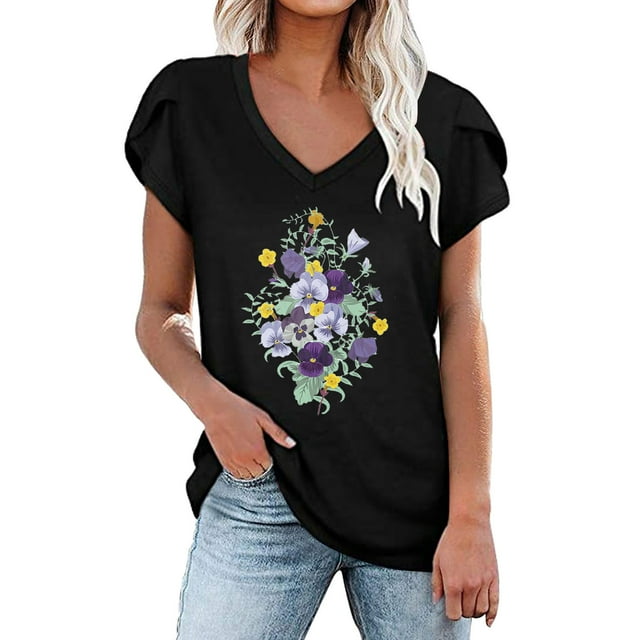 Pompotops Femmes Été V-Cou Imprimé Floral Tops T-Shirts Casual Pétale Chemisier à Manches