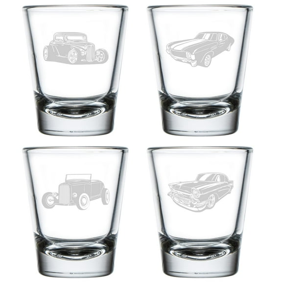 Set of 4 Shot Glasses 1.75oz Shot Glass Gift Classic Cars Hotrod Collection