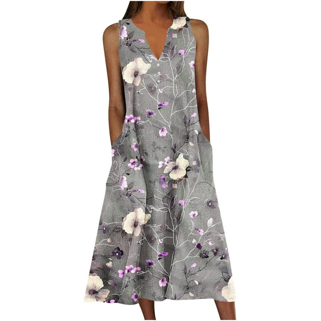 Staron Robes d'Été Décontractées pour Femmes Sans Manches à Col en V Grande Taille Midi Robe Soleil avec Poches Fluide Évasée Bohème à Imprimé Floral Ample Tenues d'Été Printemps Vacances Robes m