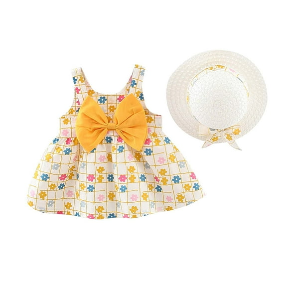 Herrnalise Toddler Kids Baby Girls Summer Floral Print Dress Hat Two-piece Suit Princess Dress