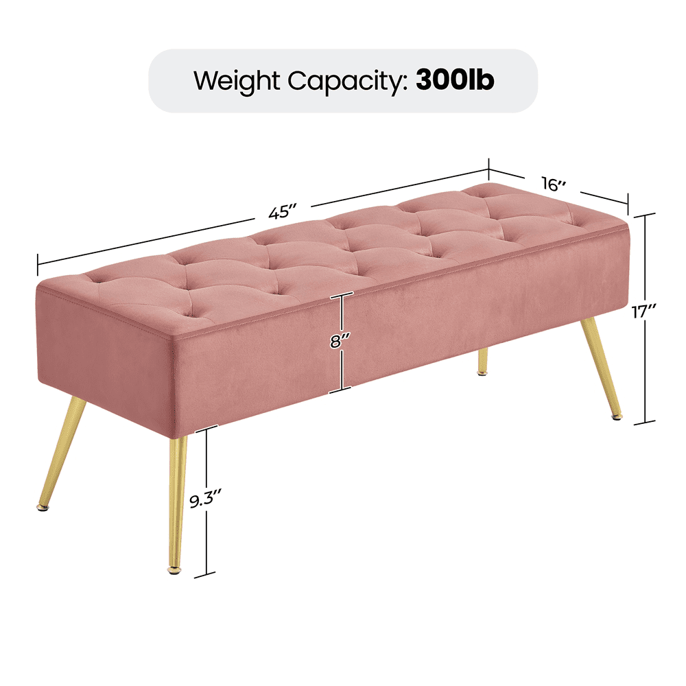 Yaheetech Modern Velvet Bench Upholstered Ottoman Footrest Stool Button Tufted with Gold Metal Legs, Pink
