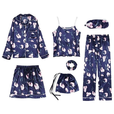

Umitay7PC Silk Women Lingerie Camisole Print Shorts Pant Pajamas Blindfold Sleepwear