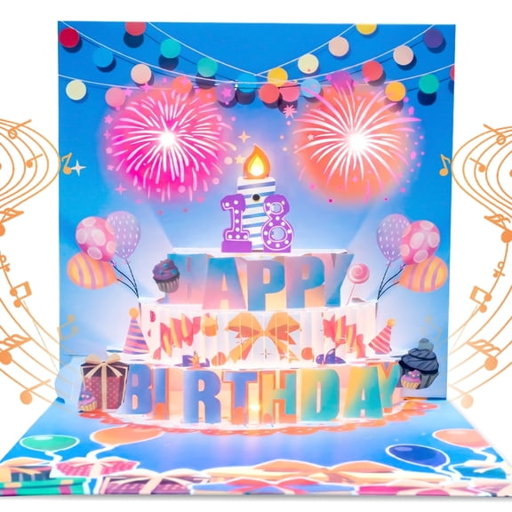 3D Pop Up Birthday Card, Blowable Candle Fireworks Pop Up Cake Light up and Musical Birthday Greeting Card, Birthday Gift for Women Men Kids