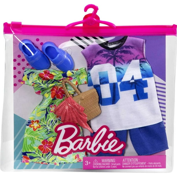 Barbie Ken Fashions 2 Pack Clothing Accessories Set 1 Tropical Dress Tote For Barbie Doll 1 Tropical Shirt Shorts Outfit With Shoes For Ken Doll Walmart