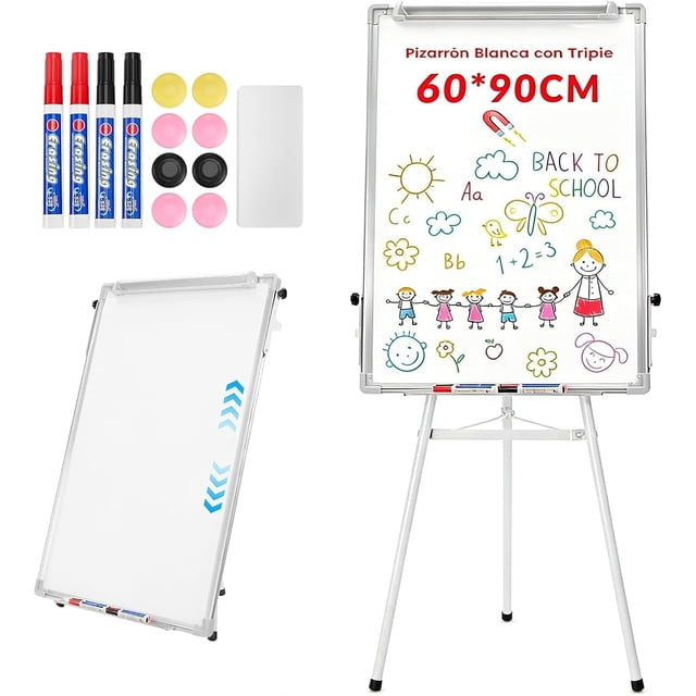 Blancos, MTQ Pizarrón Blanco 90x60,Pizarron Blanco con Soporte Plegable, Altura Ajustable(91cm-155cm),Pizarrón Magnetico con 4 Pluma Borrables,8 Imanes,1 Borrador,1 Bandeja Extraíble(60*90)