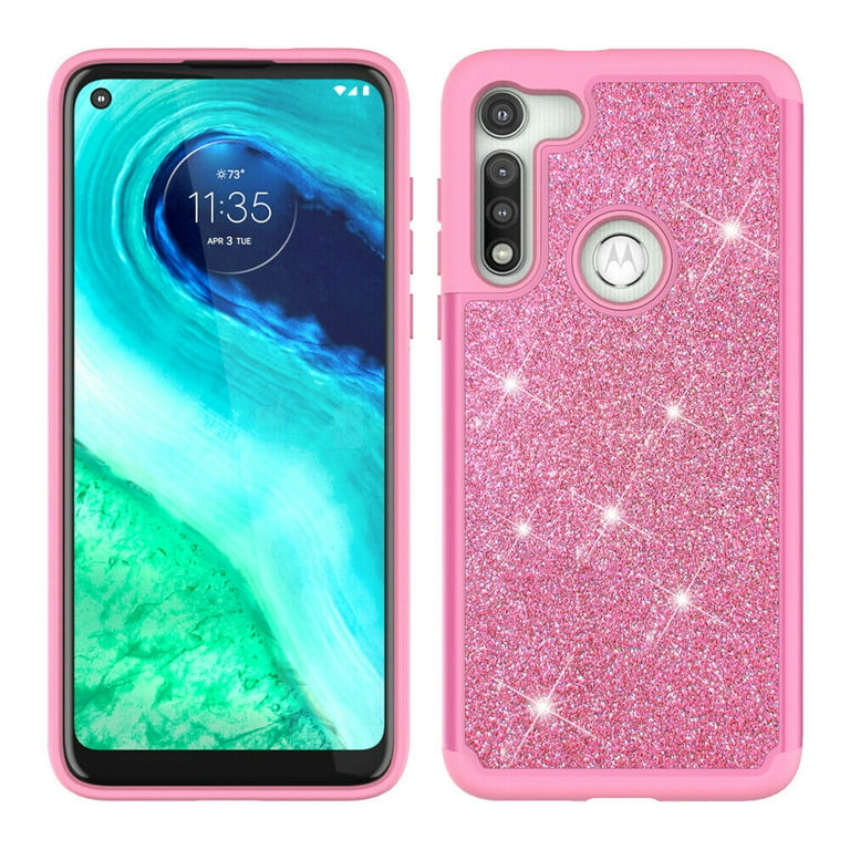 for Motorola Moto G Fast 2020 with Temper Glass Phone Case Glitter Shock proof Edge Scratch Shield Hybrid Layers Slim Bumper Cover Pink