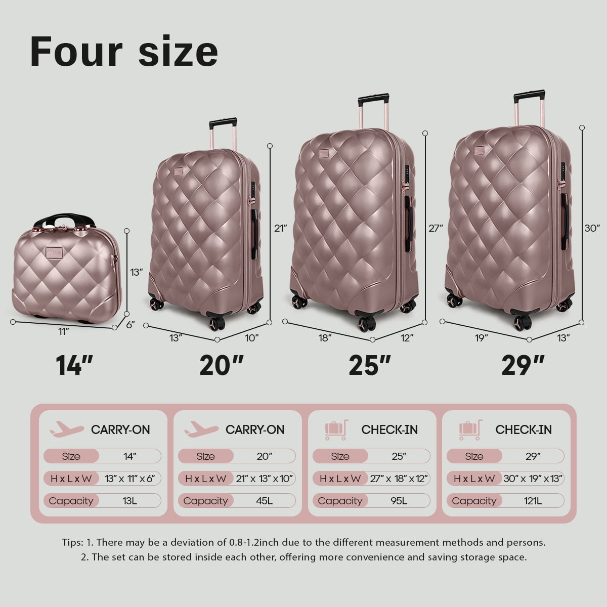 4-Piece Hardside Luggage Set, Lightweight Spinner Suitcases with TSA Lock, Expandable, Rose Gold, 14"/20"/25"/29", WD8810