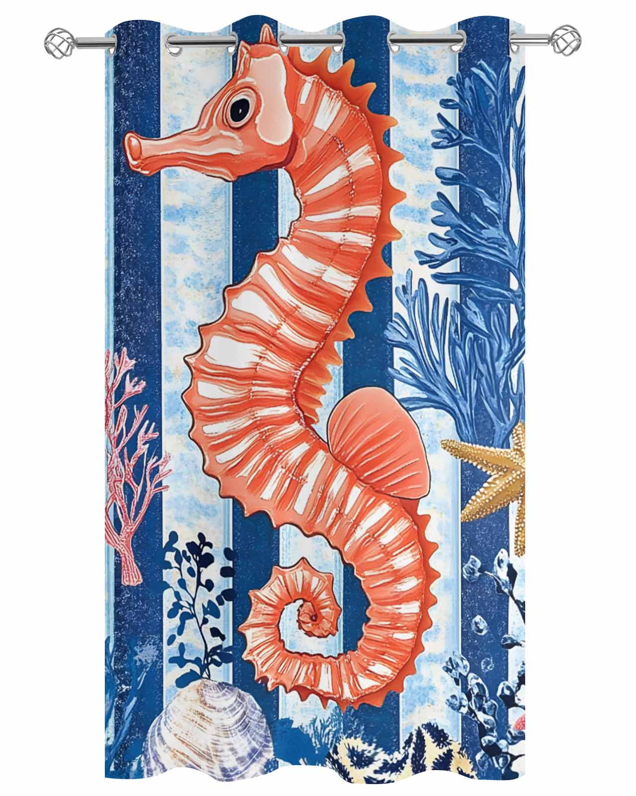 Orange Red Seahorse Outdoor Curtains for Patio, Coastal Ocean Coral Striped Privacy Drapes Grommet Waterproof Outside Curtains for Porch/Cabana/Balcony 54"x 108", 1 Panel