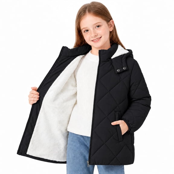 Lanbubble Girls Fleece Lined Hooded Puffer Jacket Winter Coat, Warm Outerwear with Pockets, Sizes 5-12 Years