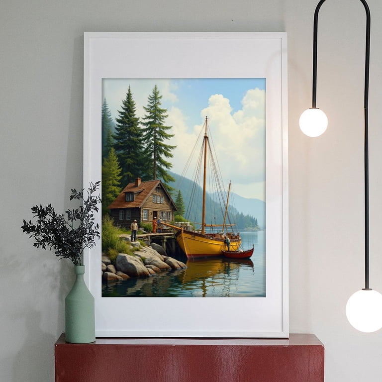 Diamond Art Kit for Adults, Boat By Lakeside Cabin Scenery Diamond
