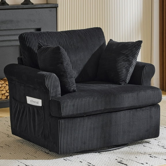 Ktaxon Swivel Accent Chair, 360-Degree Rotation Reading Chair, Corduroy Fabric Sofa with Armrest Pockets, Solid Metal Base, Perfect for Living Room Bedroom Black
