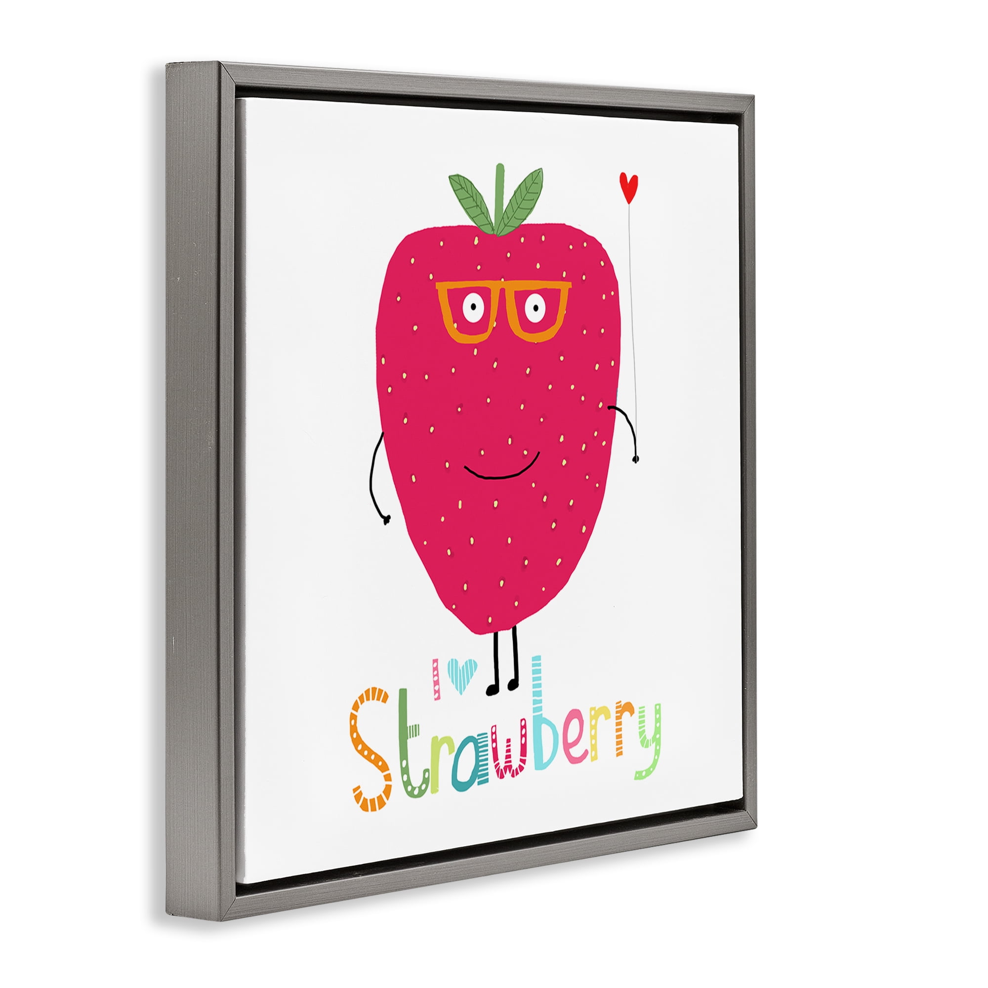 Stupell Industries Fun Smiling Strawberry Food & Beverage Painting Gray Floater Framed Canvas Art Print Wall Art, 18 x 18