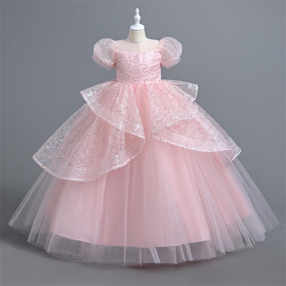 KkSLirnhs 8 Years Girls Dresses under $10.00 Girls' Princess Dresses Summer New Short Sleeve Ruffled Lace Round-Neck Embroidery Mesh Princess Bow Skirt Pink