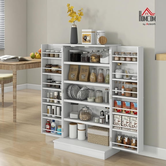 41" Kitchen Pantry Storage Cabinet, Freestanding Kitchen Cabinet with 12 Door Shelves, Double Doors, 5-Tier Shelving and Adjustable Shelves, White