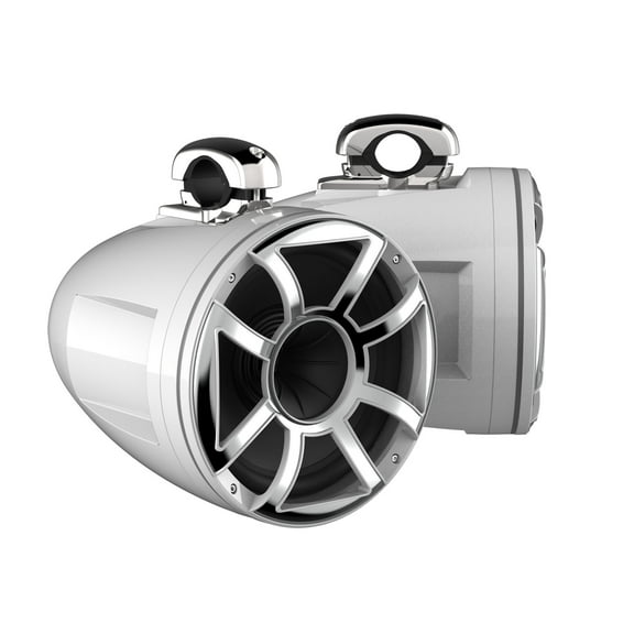 Wet Sounds REV 10 HD 10" Horn Loaded Compression Driver Tower Speakers with XS Grills & Mini Stainless Fixed Clamps, 300 Watts RMS, White, Pair