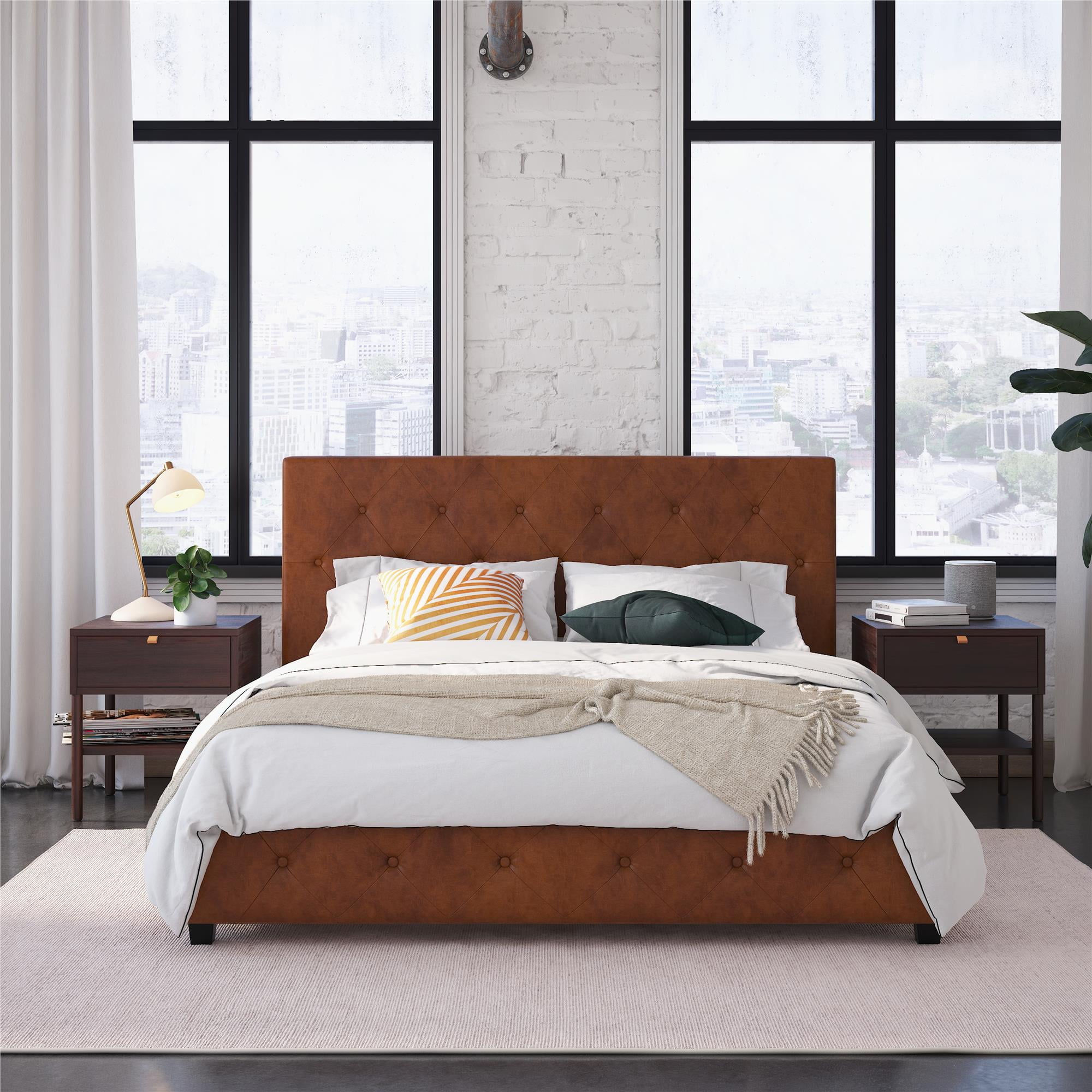 DHP Dakota Upholstered Platform Bed, Queen, Camel Faux Leather