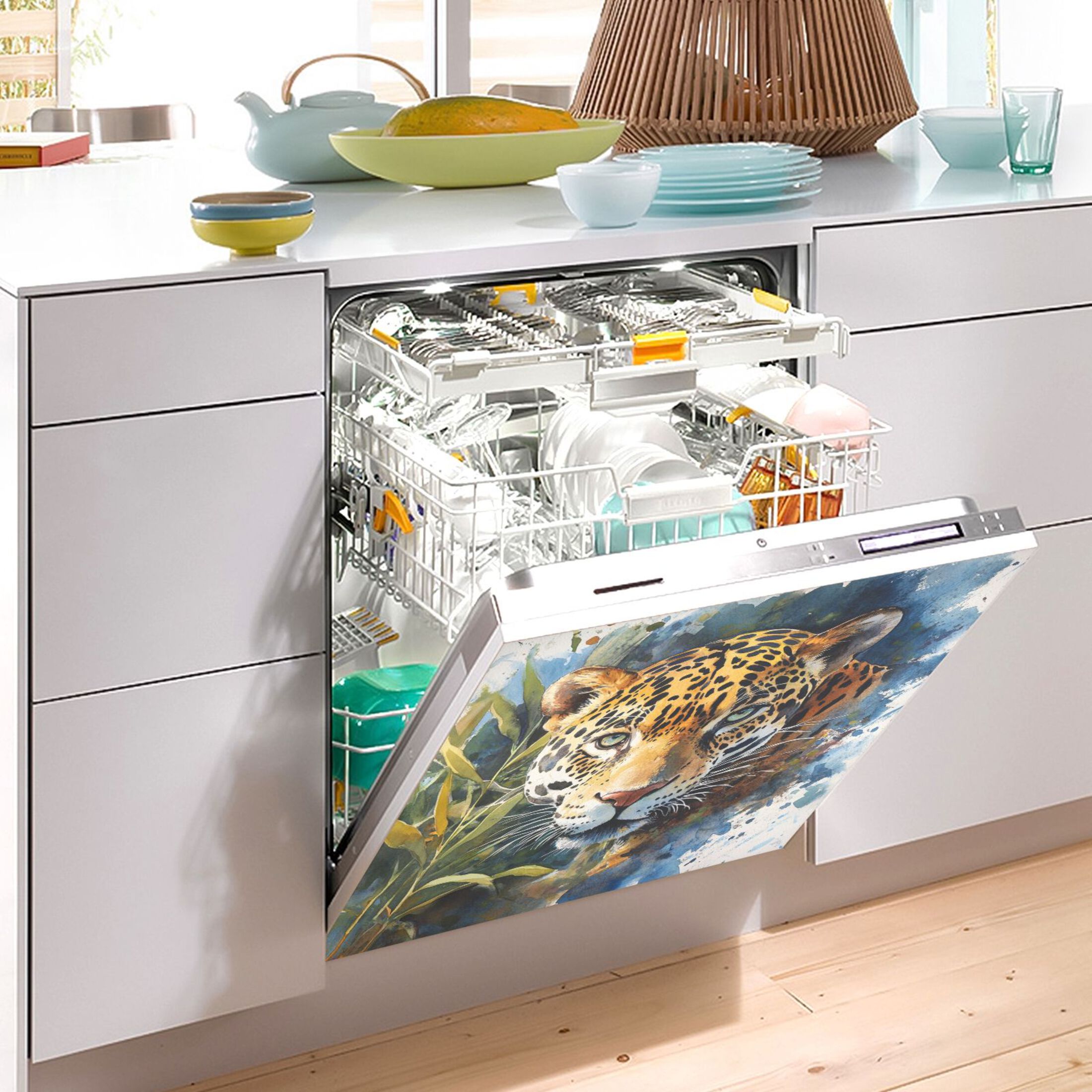 Dishwasher Magnetic Sticker 23x26 Inch Refrigerator Magnetic Sticker Washing Machine Magnetic Sticker Kitchen Panel Magnetic Sticker Home Decor Watercolor Beautiful Jaguar