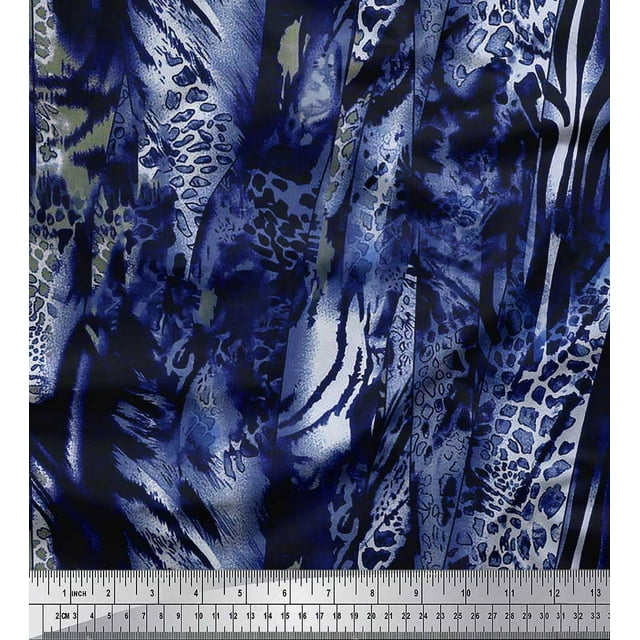 Soimoi Blue Poly Georgette Fabric Leopard & Wild Animal Skin Decor Fabric Printed BTY 52 Inch Wide