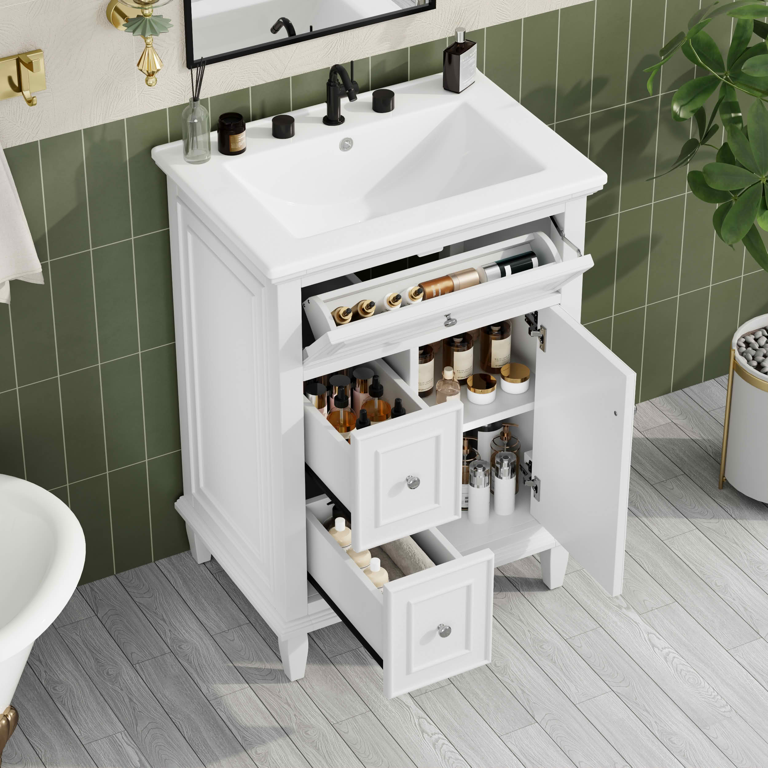 MAYEERTY 24" Bathroom Vanity with Sink, 1 Flip Drawer 2 Drawers Adjustable Shelf, Solid Wood MDF, White