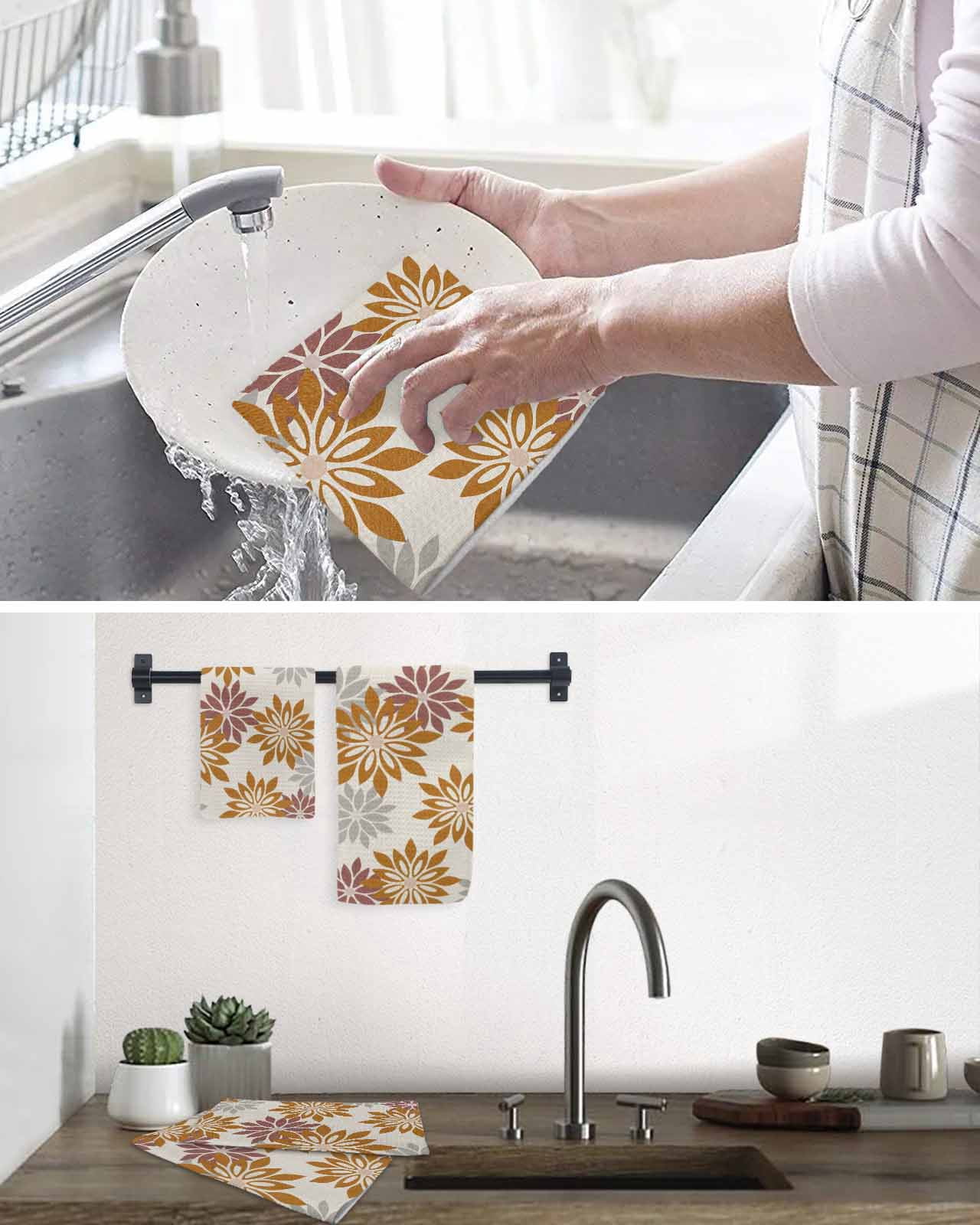 Geometric Flower Kitchen Dish Towels for Drying Dishes Set of 3, Vintage Country Floral Orange Grey on Linen Waffle Weave Microfiber Hand Tea Bathroom Towels Quick Dry & Absorbent Towel 15.7x23.6